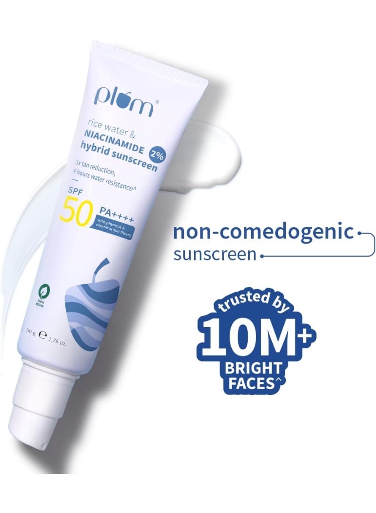 بلوم واقي الشمس البرقوق SPF 50 الوجه مع 2٪ النياسيناميد وماء الأرز الهجين PA+++، يحمي البشرة، لا يلقي الأبيض، يقلل من العيوب، غير دهني، حماية من الأشعة فوق البنفسجية والأشعة فوق البنفسجية، 50 جم - Image 5